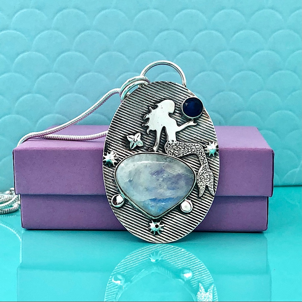 Unique Sterling Silver Mermaid Moonstone & London Blue Topaz Statement Necklace